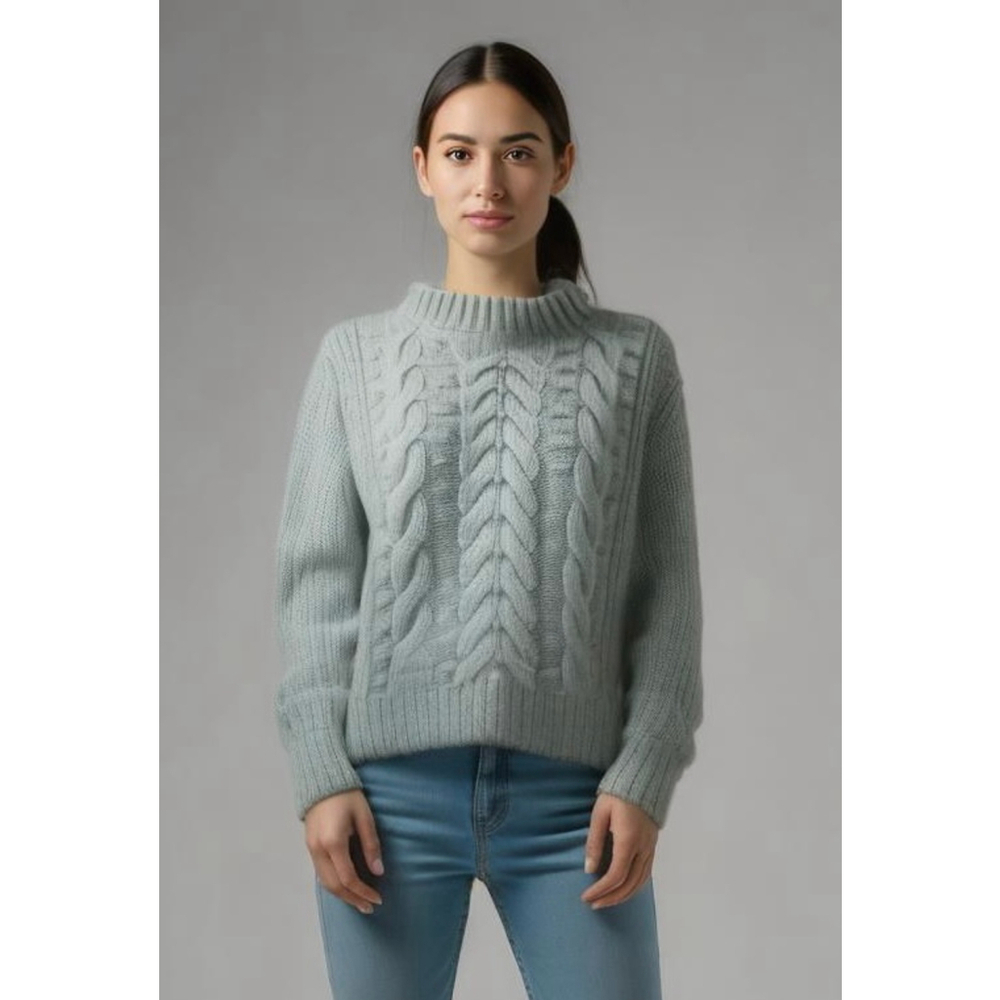 A New Day Women's Ribbed Cable Knit Sweater Med Mint Green Crewneck Cottagecore